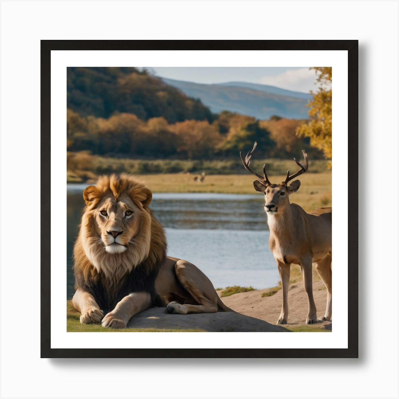 Lion And Deer Sitting At One Place Framed Wall Art Poster Canvas Print Picture