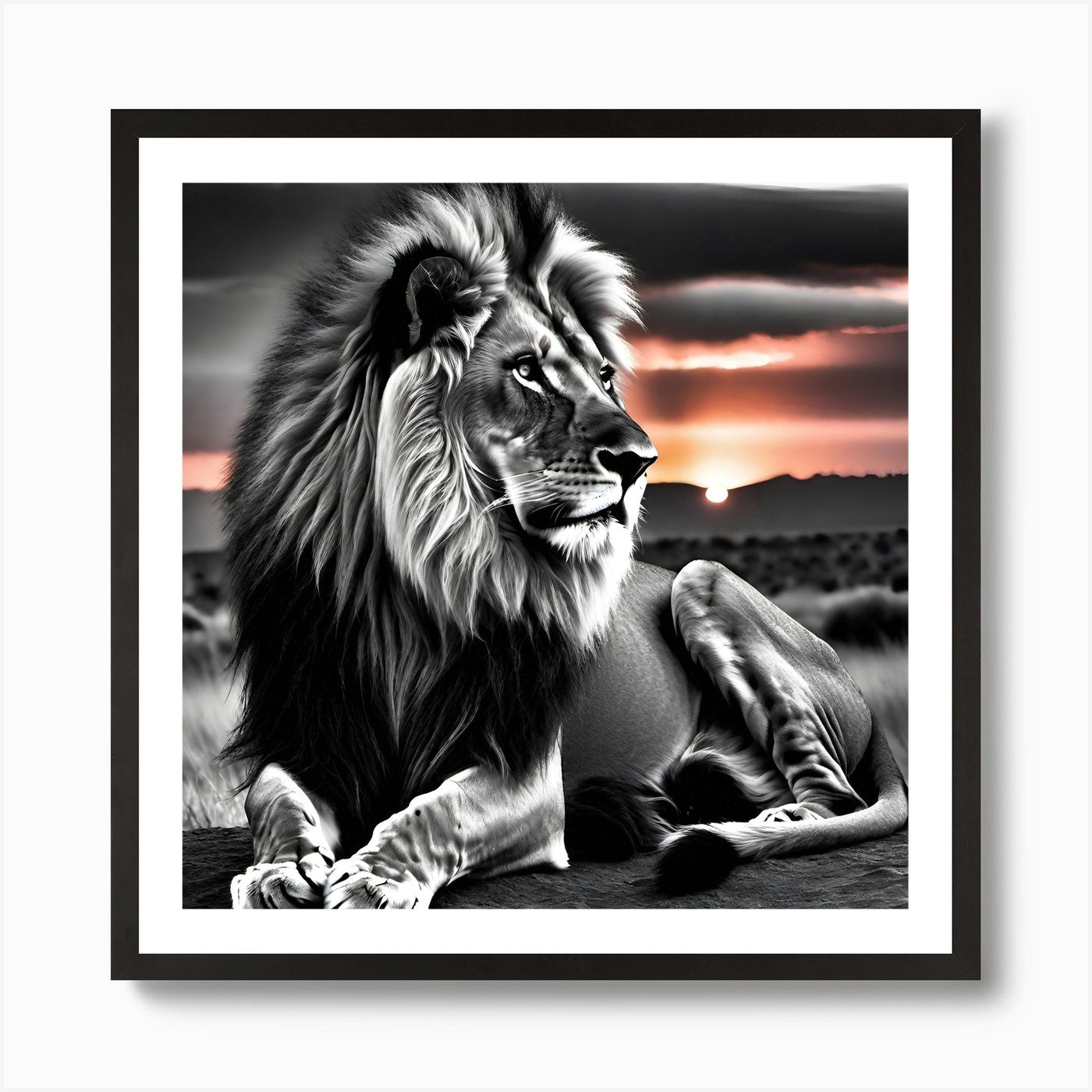 Lion In The Sunset 2 Art Print Framed Wall Art Poster Canvas Print Picture