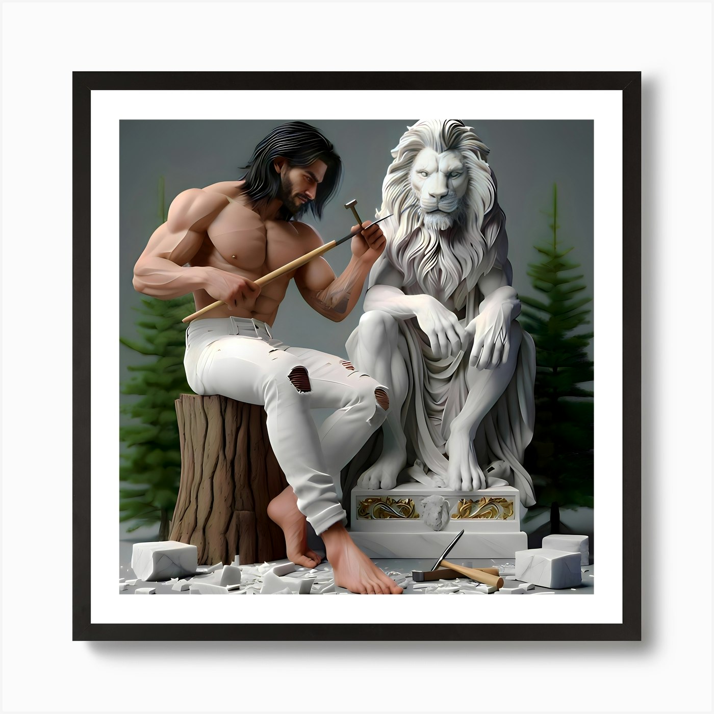 Lion Sculpture Art Print Framed Wall Art Poster Canvas Print Picture