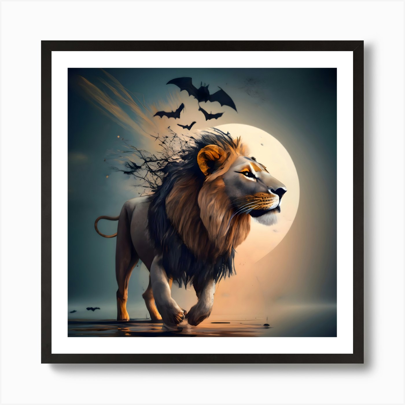 Lion With Bats Art Print Framed Wall Art Poster Canvas Print Picture