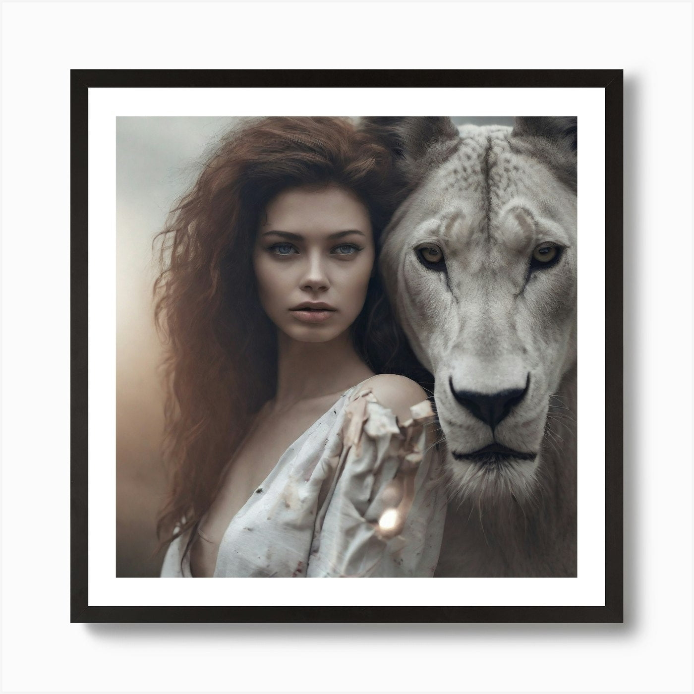 Portrait Of A Woman With A Lion Art Framed Wall Art Poster Canvas Print Picture