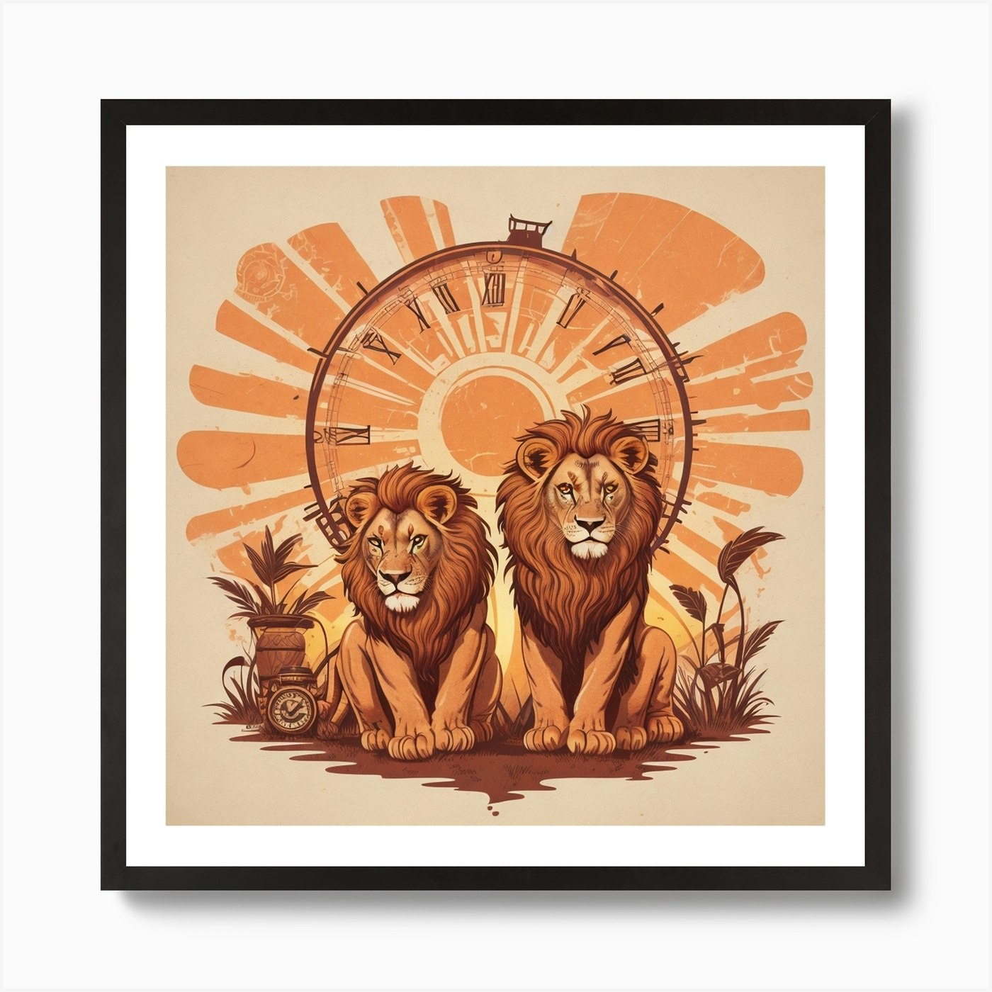 Lions And Clock Art Print Framed Wall Art Poster Canvas Print Picture