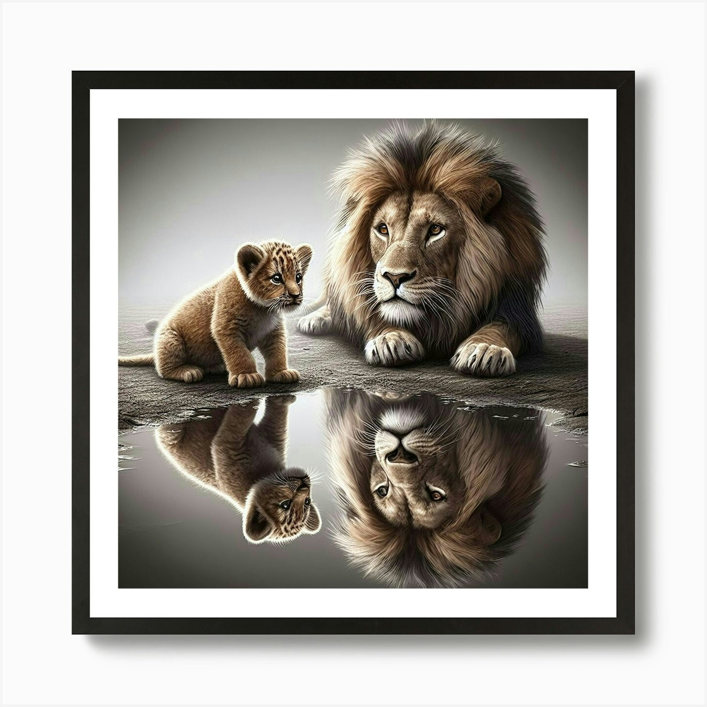 Lion And Cub Art Print Framed Wall Art Poster Canvas Print Picture