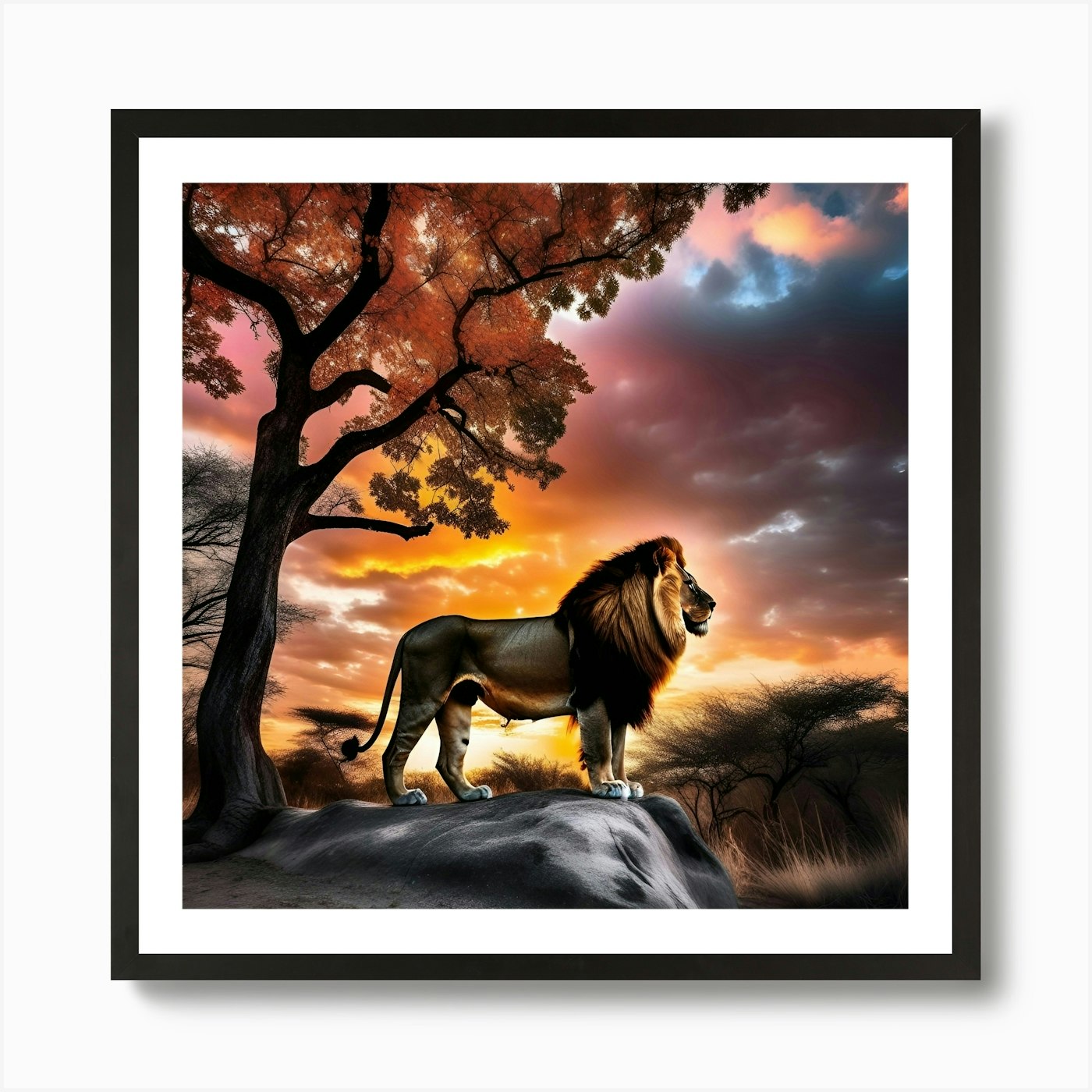 Lion In The Sunset 3 Art Print Framed Wall Art Poster Canvas Print Picture