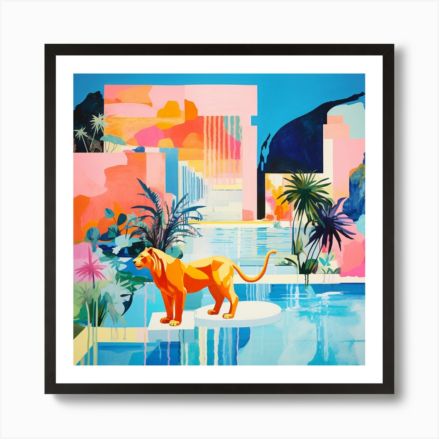 Lion In The Pool Art Print Framed Wall Art Poster Canvas Print Picture