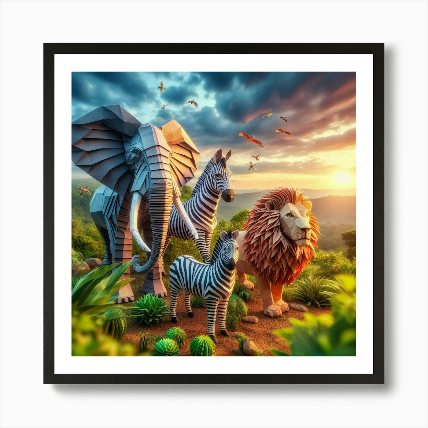 Lions And Zebras Art Print Framed Wall Art Poster Canvas Print Picture