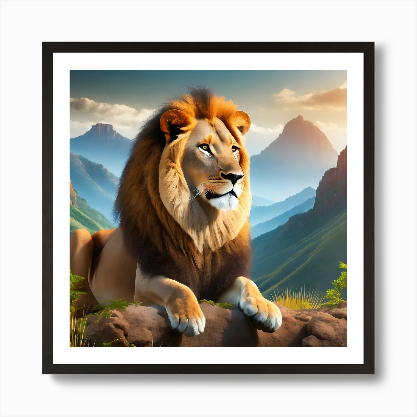 Lion In The Mountains Art Print Framed Wall Art Poster Canvas Print Picture
