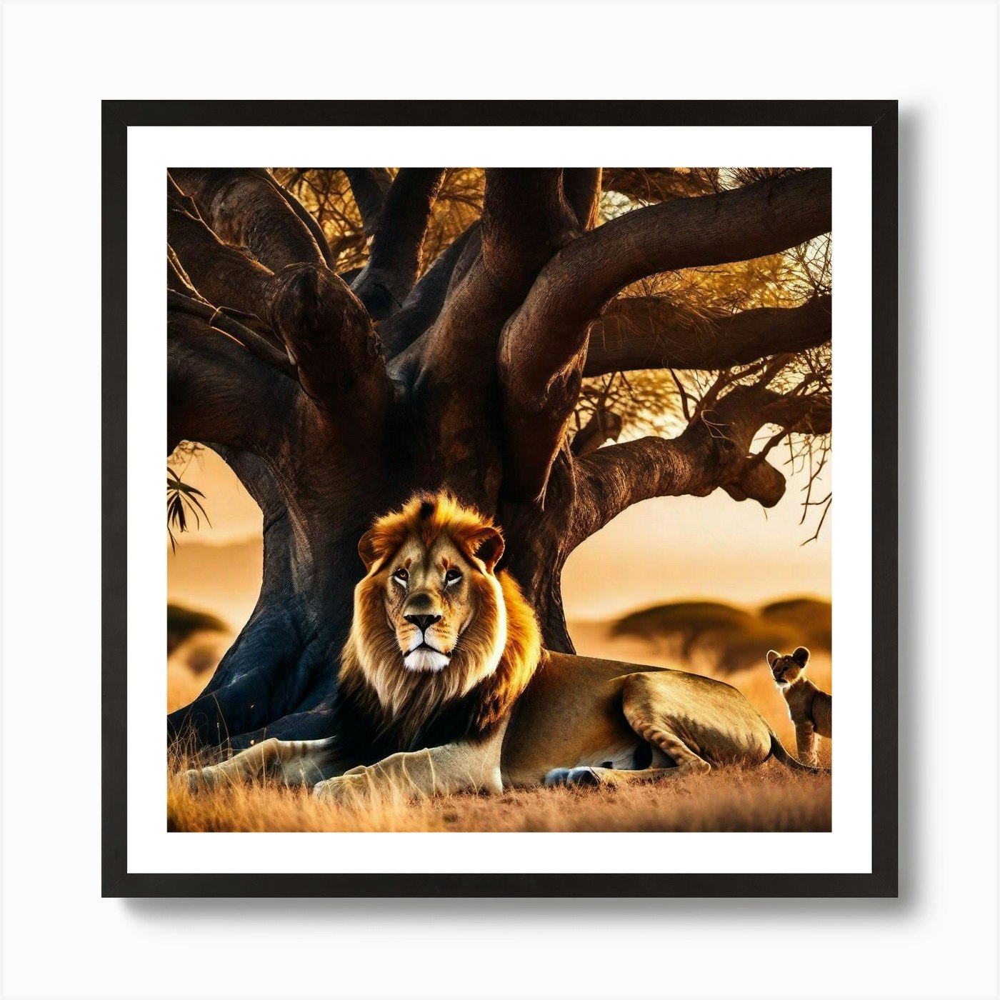 Lion And Cub Under A Tree 1 Art Pri Framed Wall Art Poster Canvas Print Picture