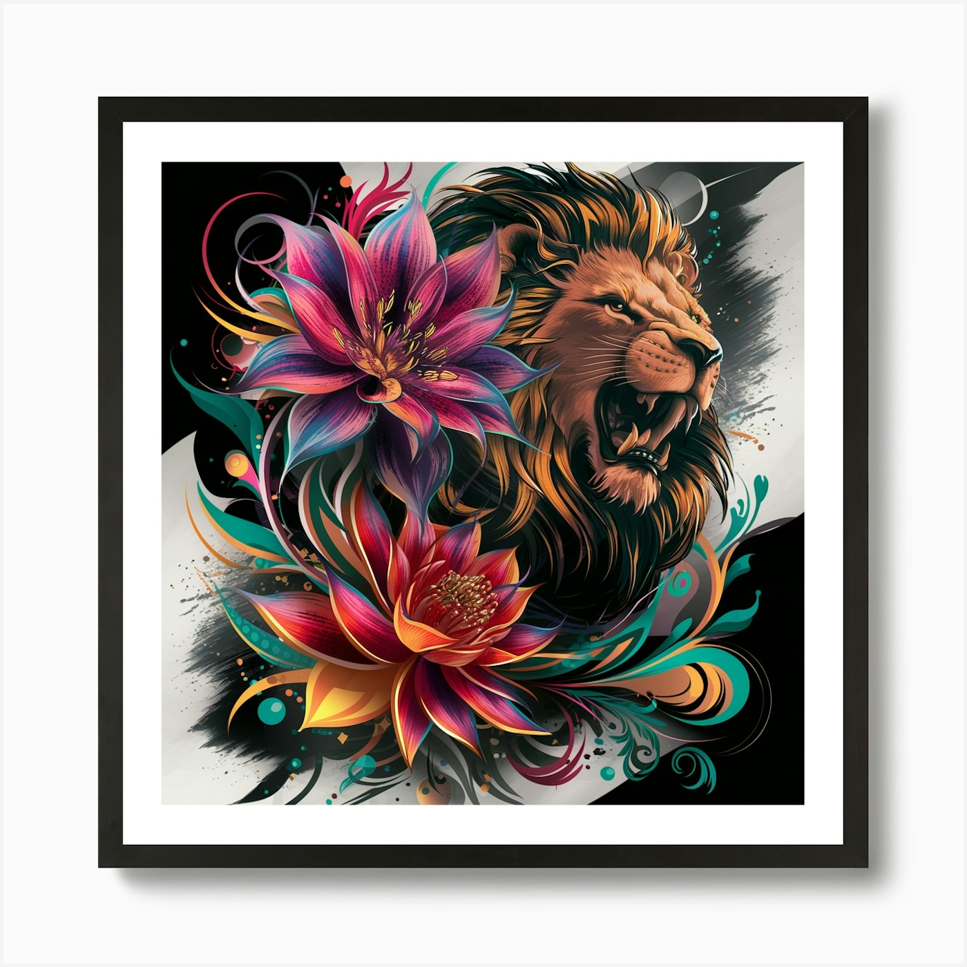 Lion And Flowers Art Print Framed Wall Art Poster Canvas Print Picture