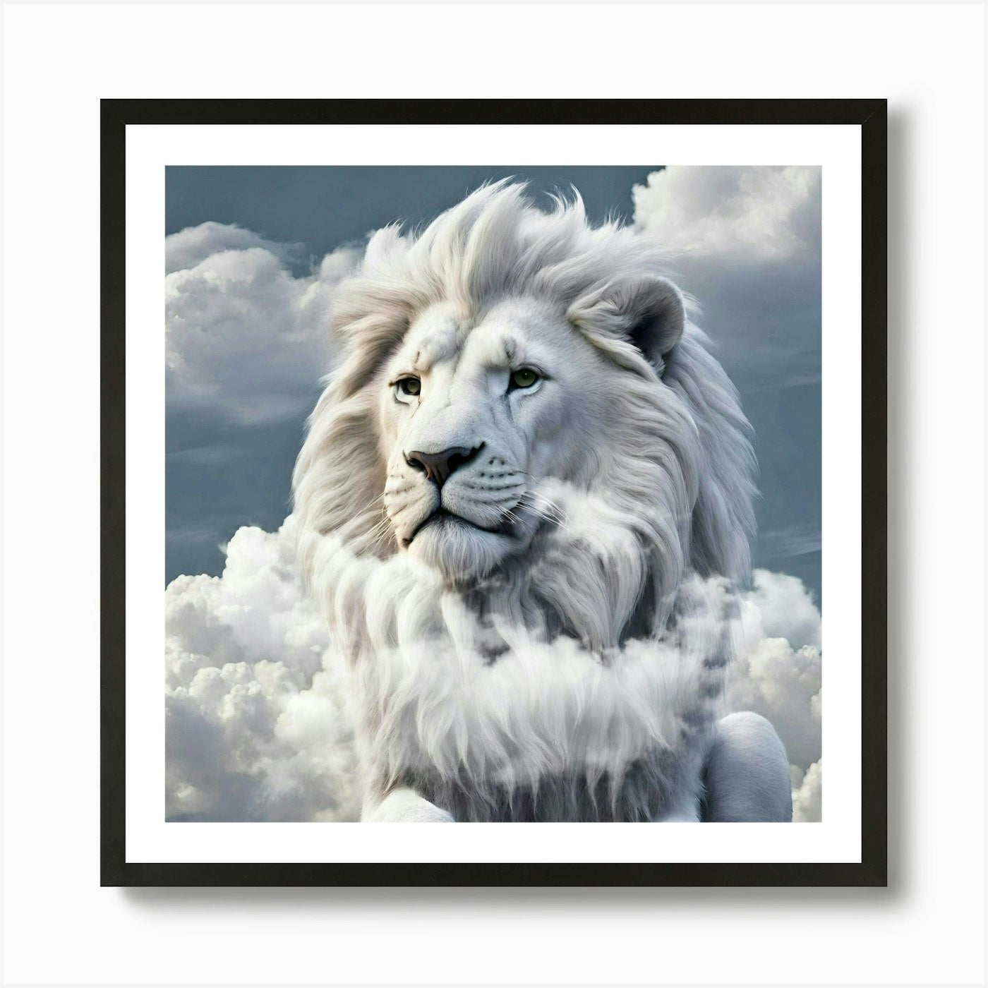 White Lion In The Clouds Expression Framed Wall Art Poster Canvas Print Picture