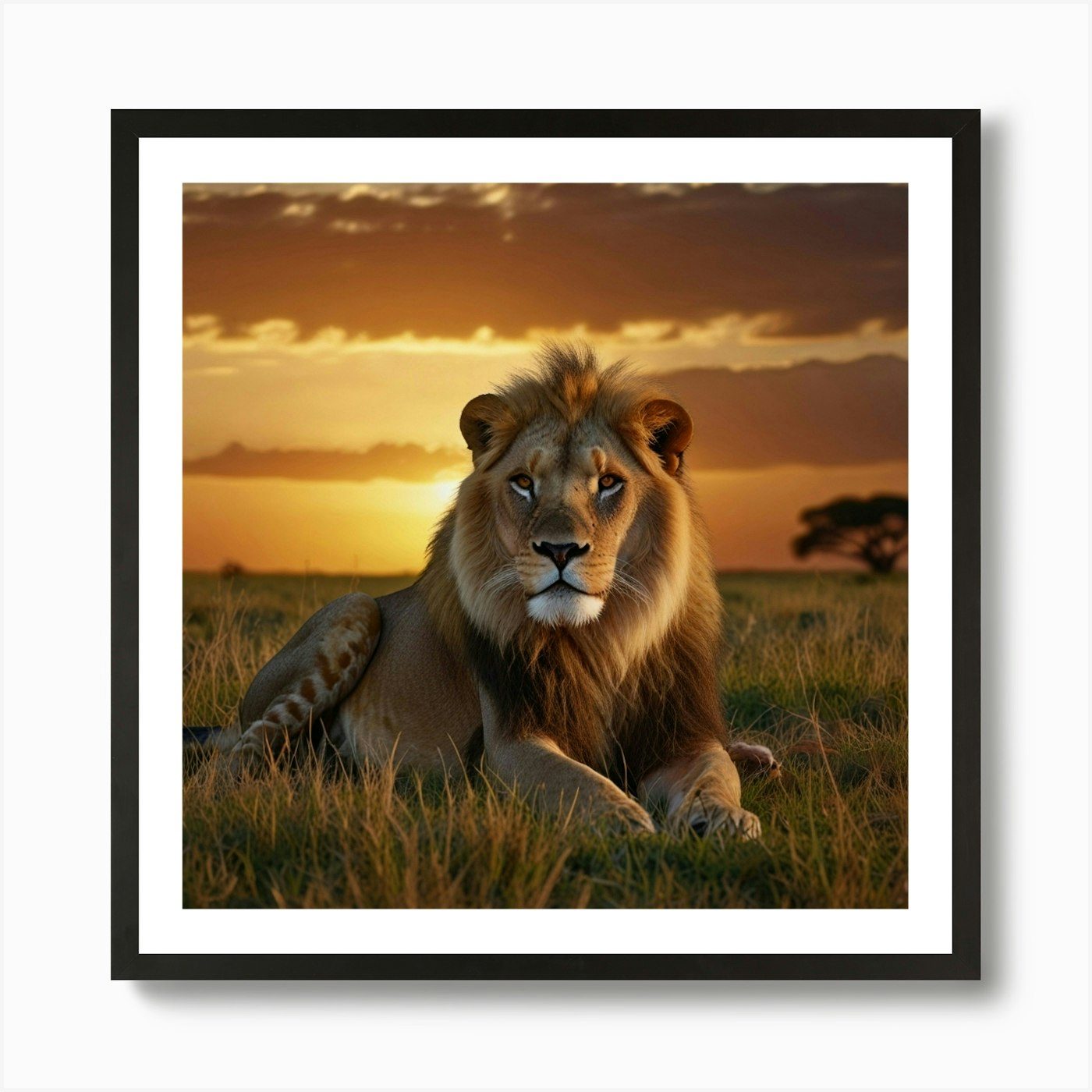 A Majestic Lion Lounging On A Grass Framed Wall Art Poster Canvas Print Picture