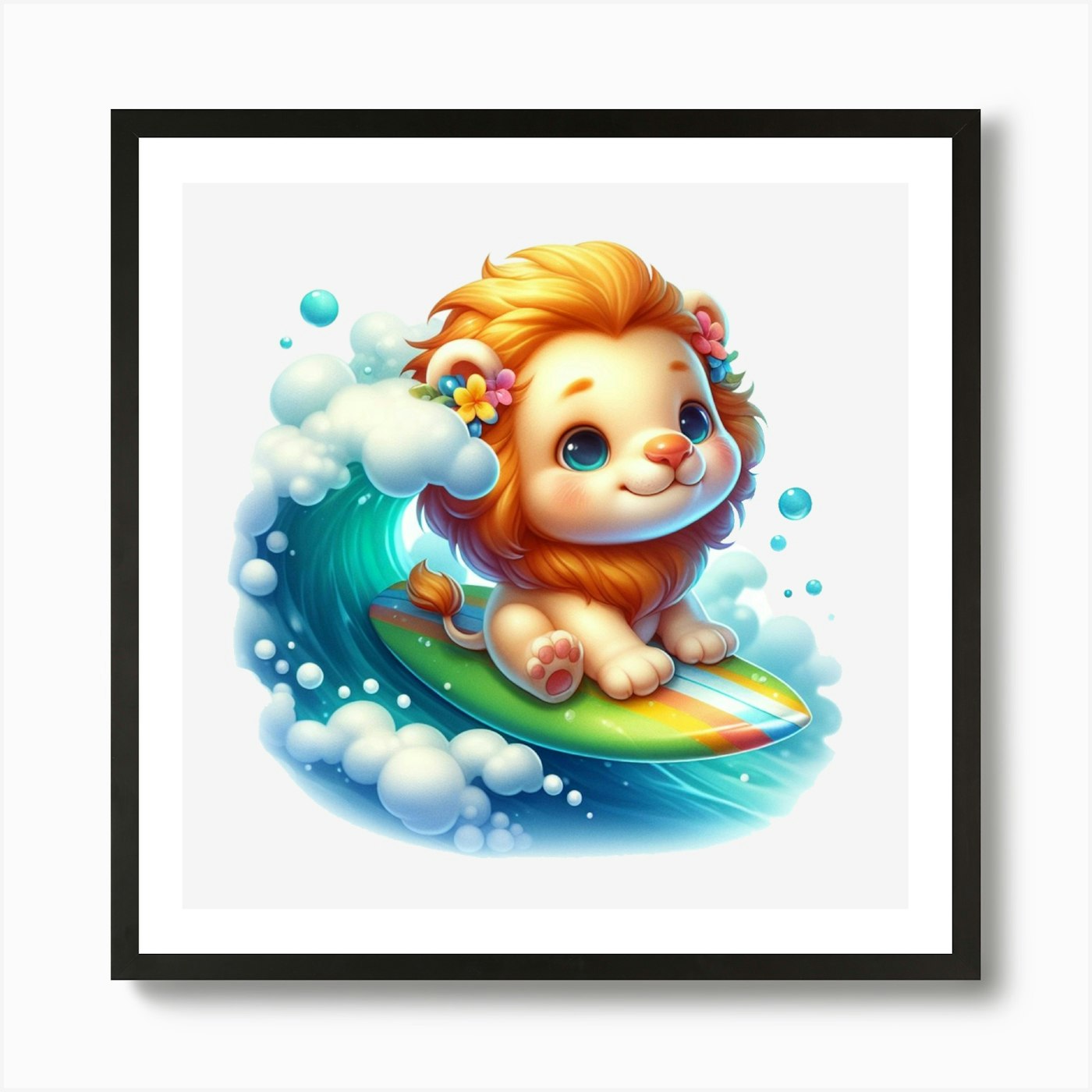 Lion Surfing Art Print Framed Wall Art Poster Canvas Print Picture