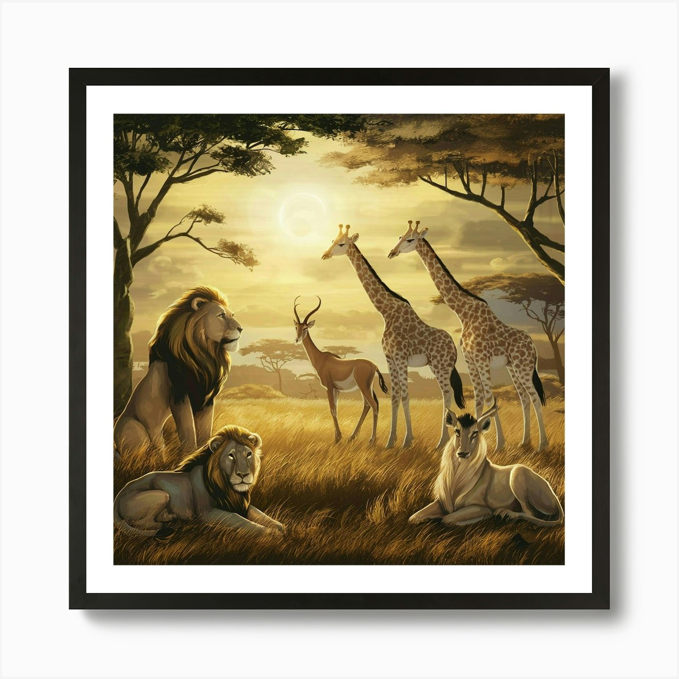 Lions And Giraffes Art Print Framed Wall Art Poster Canvas Print Picture