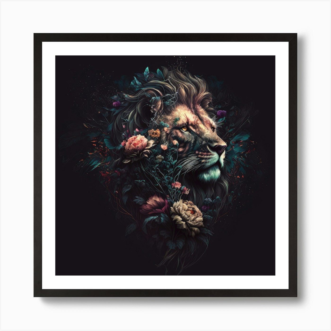 Lion With Flowers, Ethereal Garden Framed Wall Art Poster Canvas Print Picture