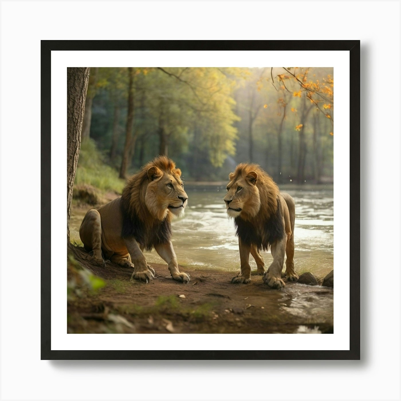 Lions By The River Art Print Framed Wall Art Poster Canvas Print Picture