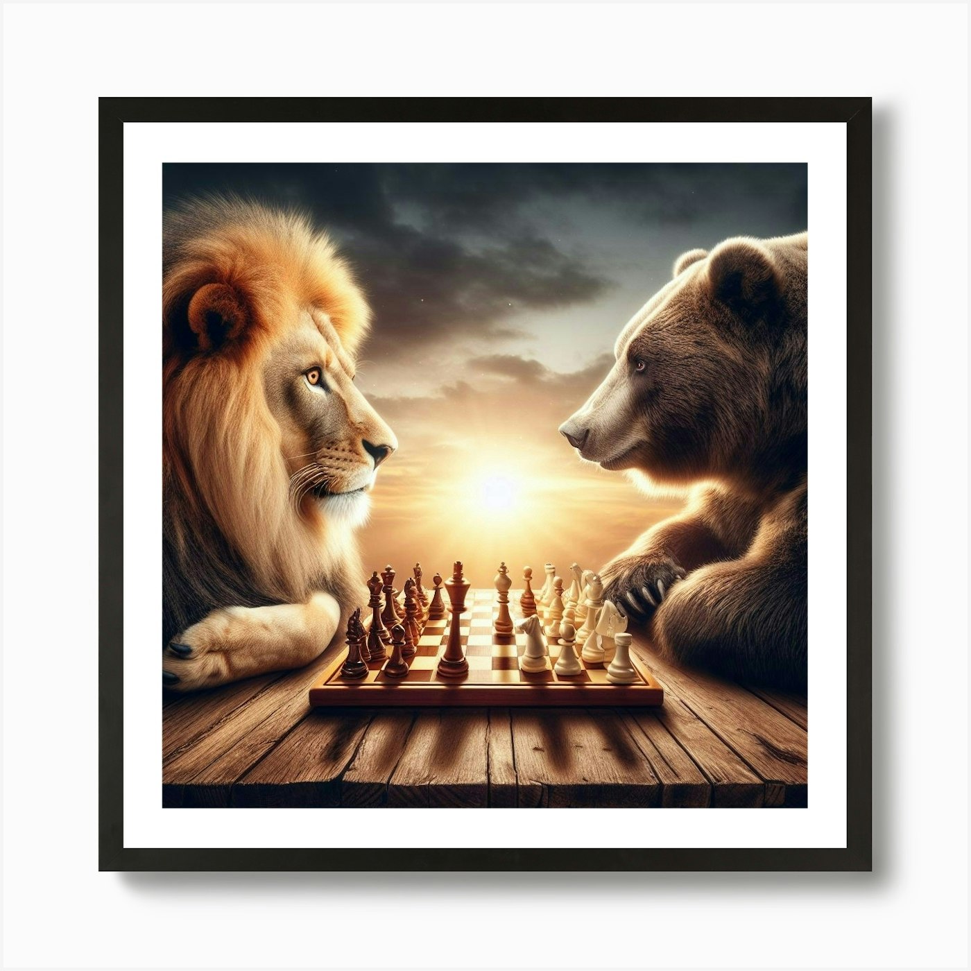Lion Vs Bear In Chess Art Print Framed Wall Art Poster Canvas Print Picture
