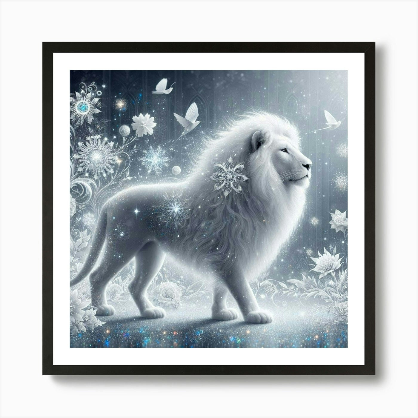 White Lion In The Snow Art Print Framed Wall Art Poster Canvas Print Picture