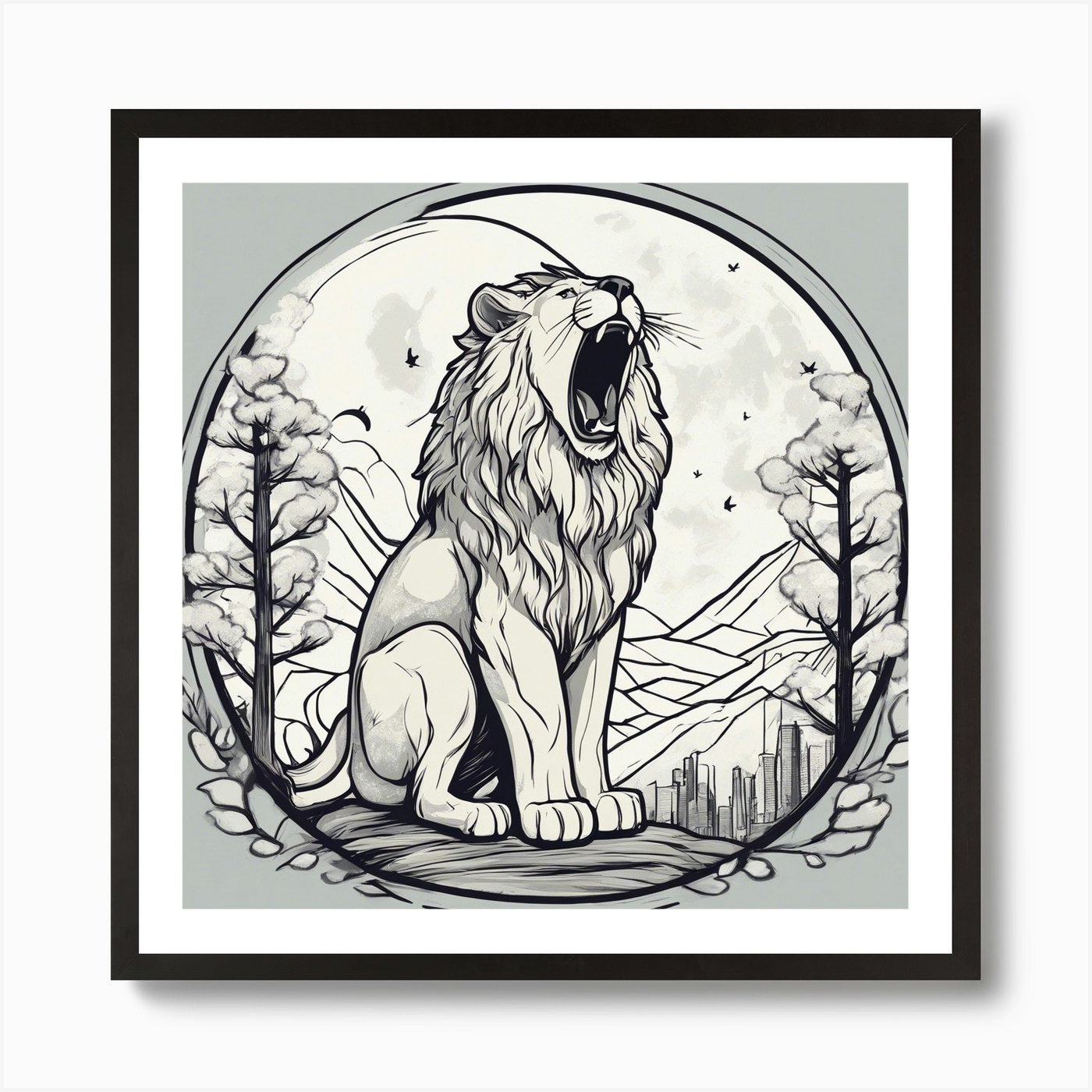 Sticker Art Design, Lion Howling To Framed Wall Art Poster Canvas Print Picture