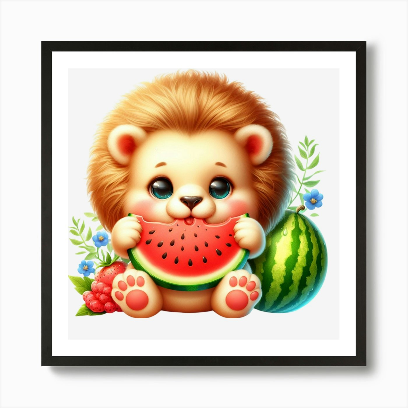 Lion Eating Watermelon Art Print Framed Wall Art Poster Canvas Print Picture