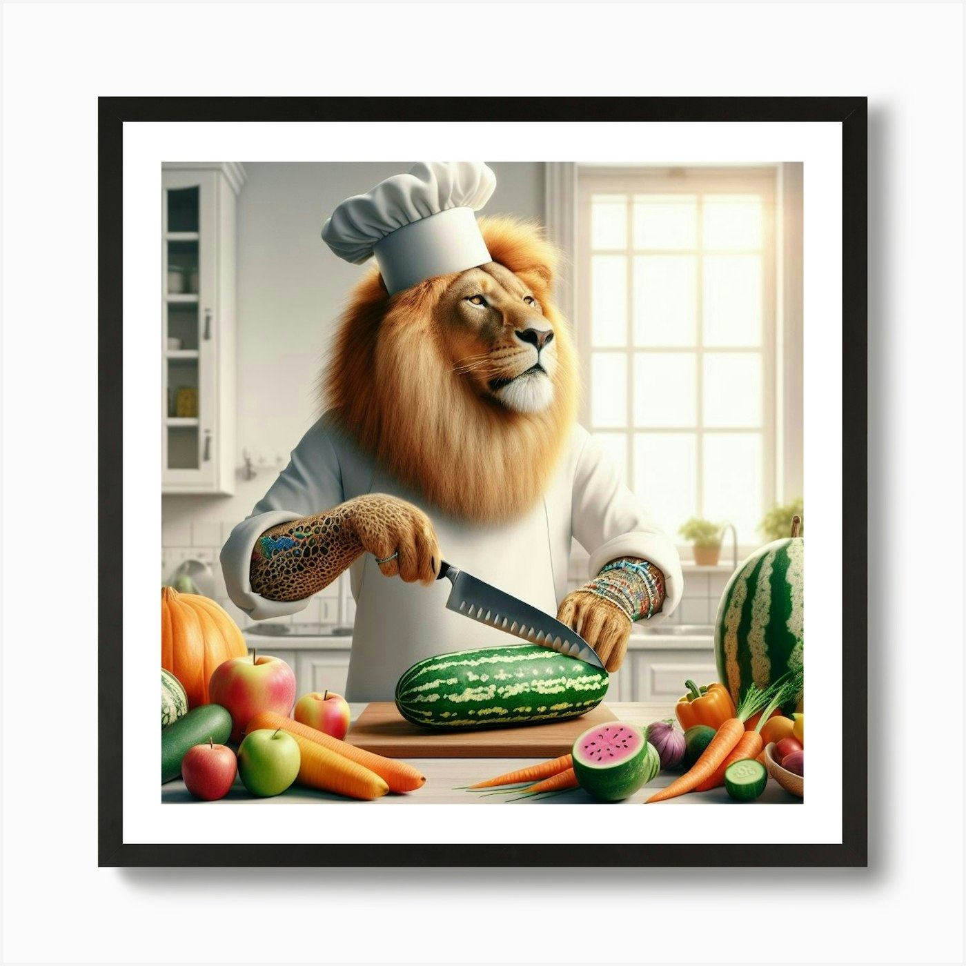 Chef Lion in the Kitchen Art Print Framed Wall Art Poster Canvas Print Picture