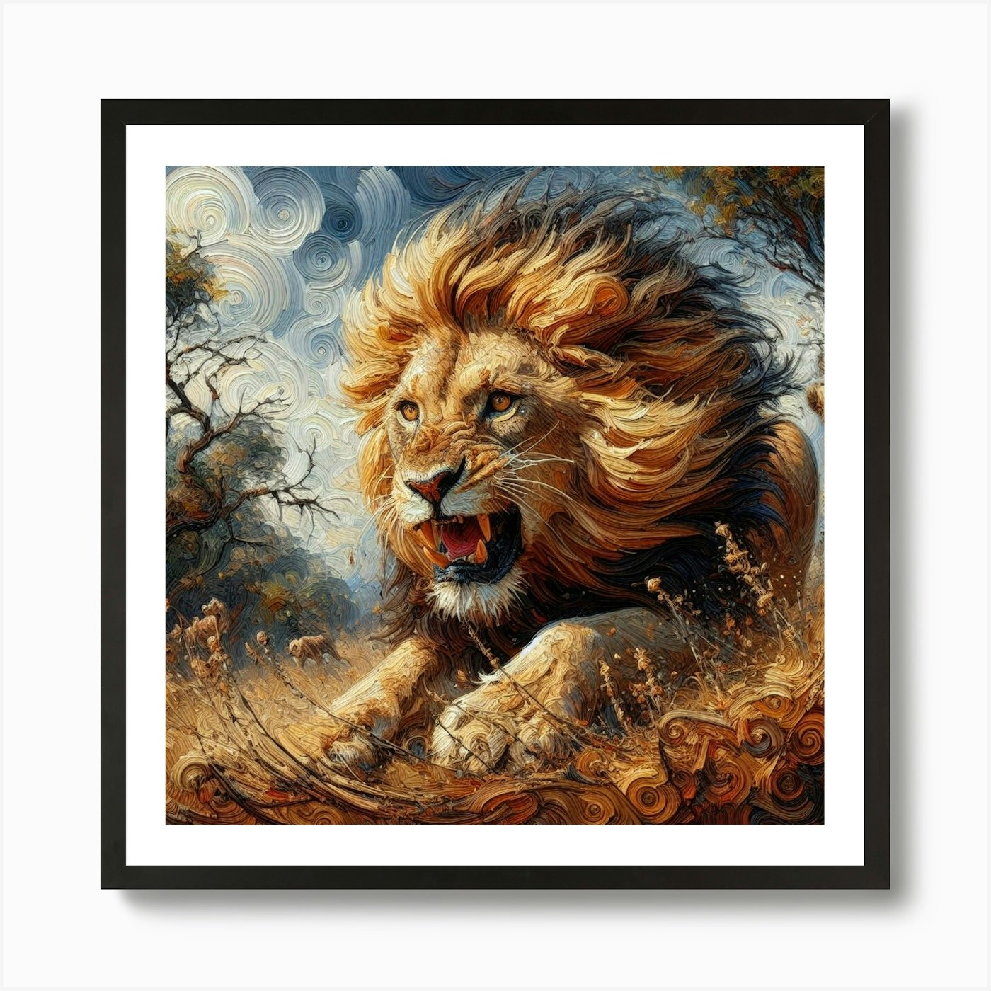 Lion pouncing Art Print Framed Wall Art Poster Canvas Print Picture