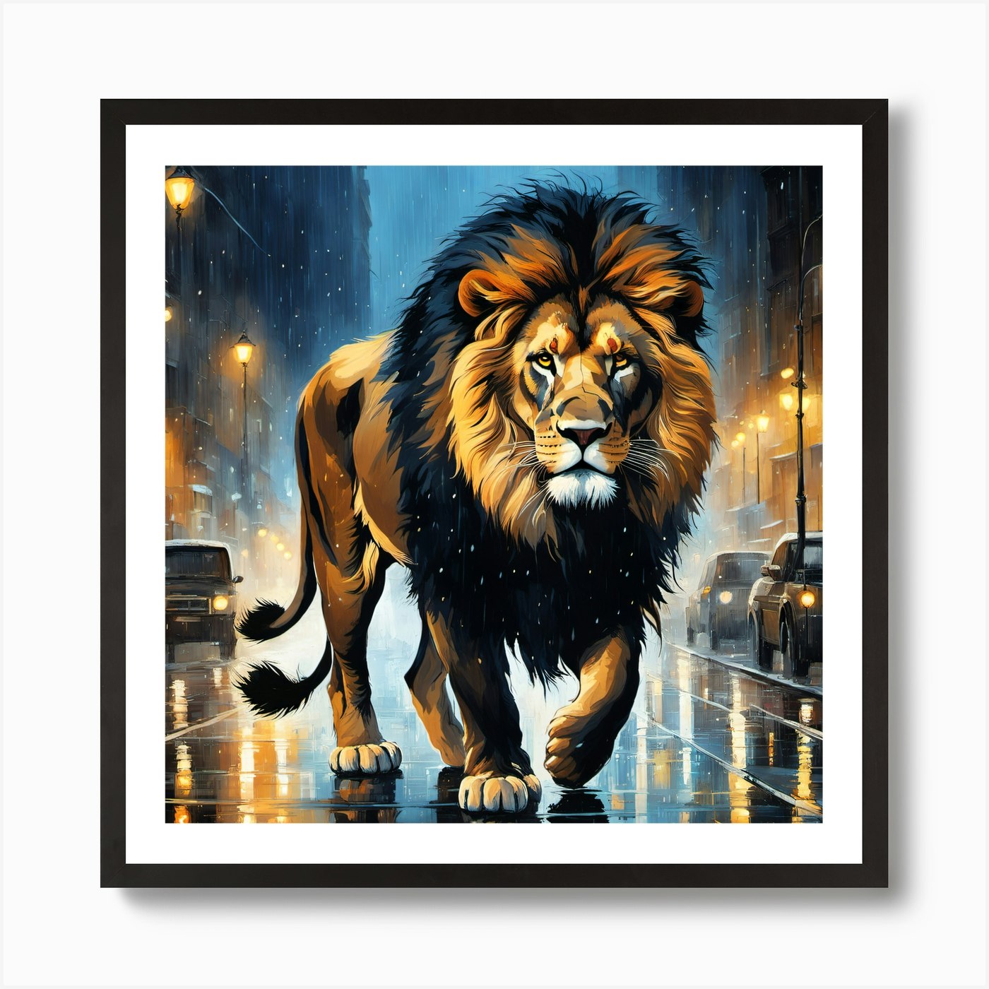 Lion In The Rain Art Print Framed Wall Art Poster Canvas Print Picture