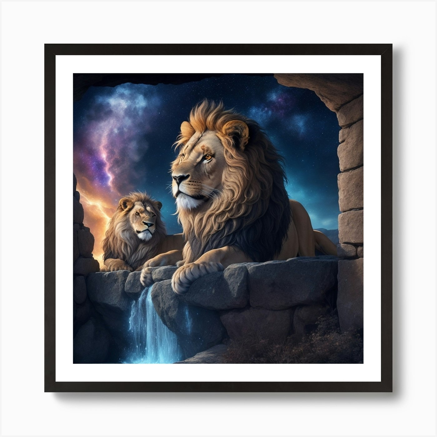 Lions In Cave Art Print Framed Wall Art Poster Canvas Print Picture