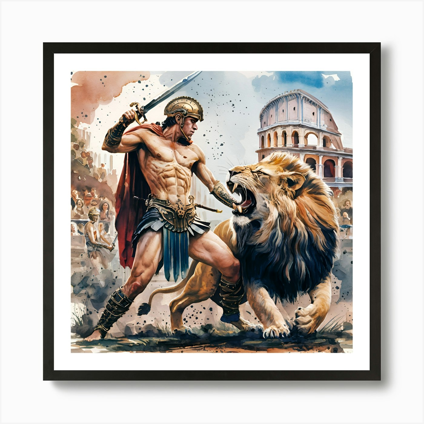 Gladiator And Lion Art Print Framed Wall Art Poster Canvas Print Picture
