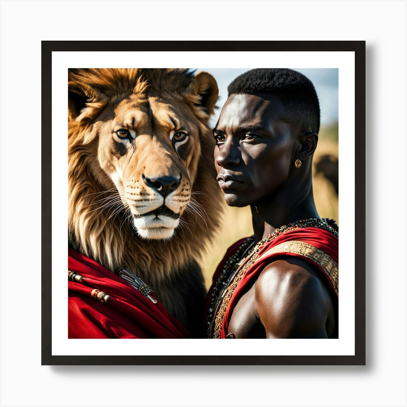Lion King and African man Art Print Framed Wall Art Poster Canvas Print Picture