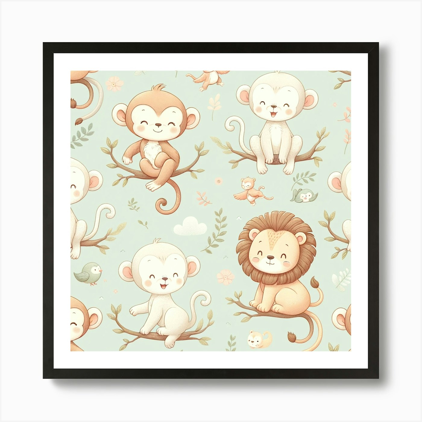 Monkeys And Lion Wall Paper Art Pri Framed Wall Art Poster Canvas Print Picture