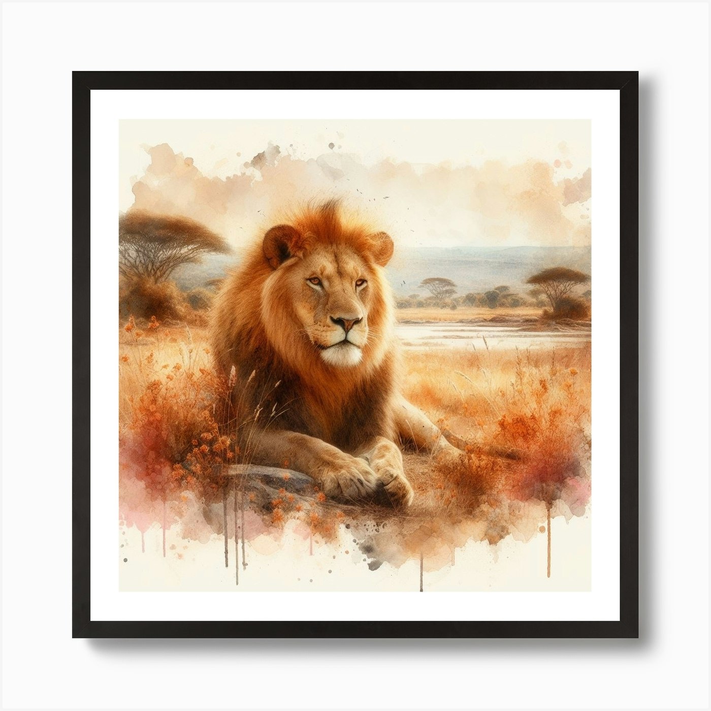 Lion Watercolor Painting 2 Art Prin Framed Wall Art Poster Canvas Print Picture