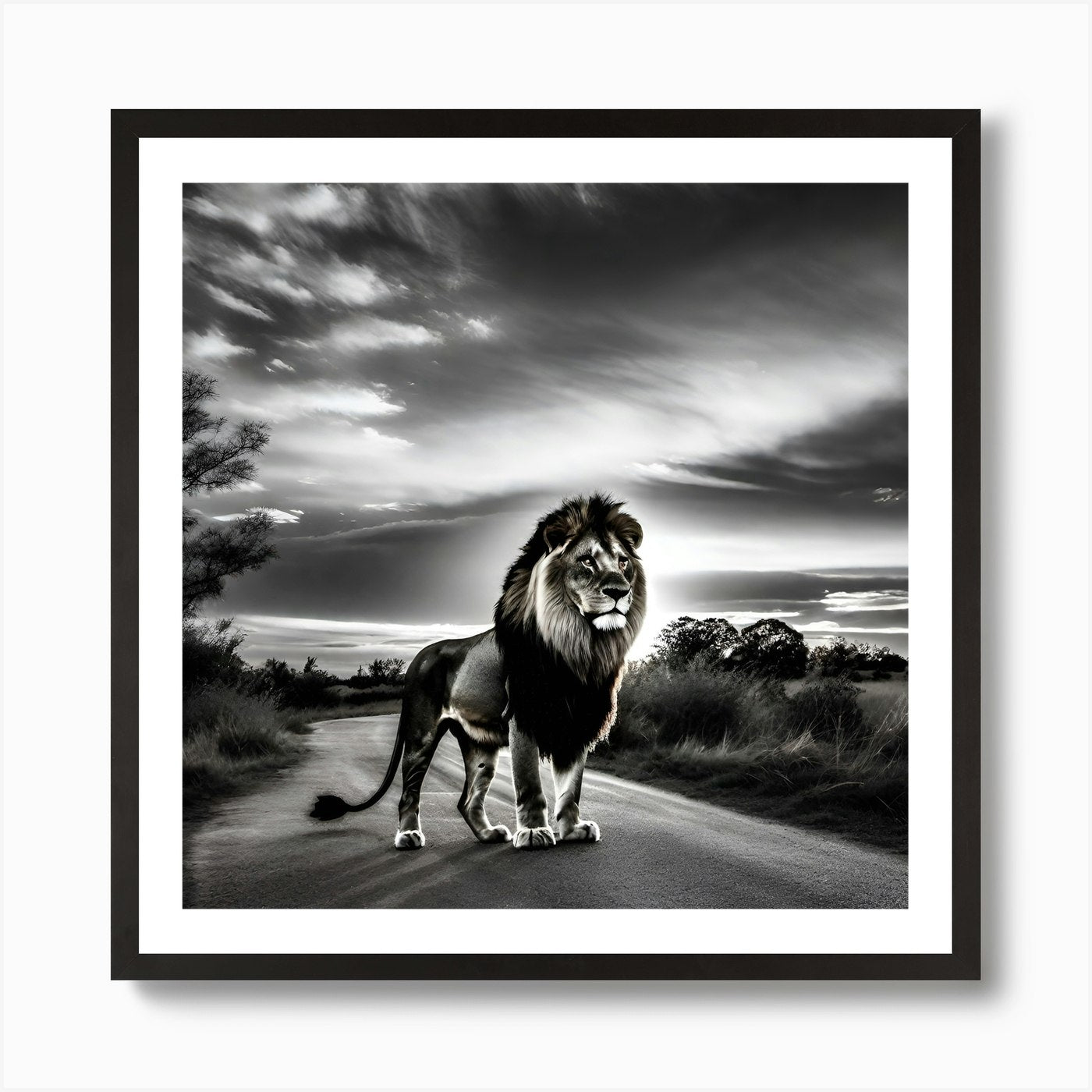 Lion Walking On The Road Art Print Framed Wall Art Poster Canvas Print Picture