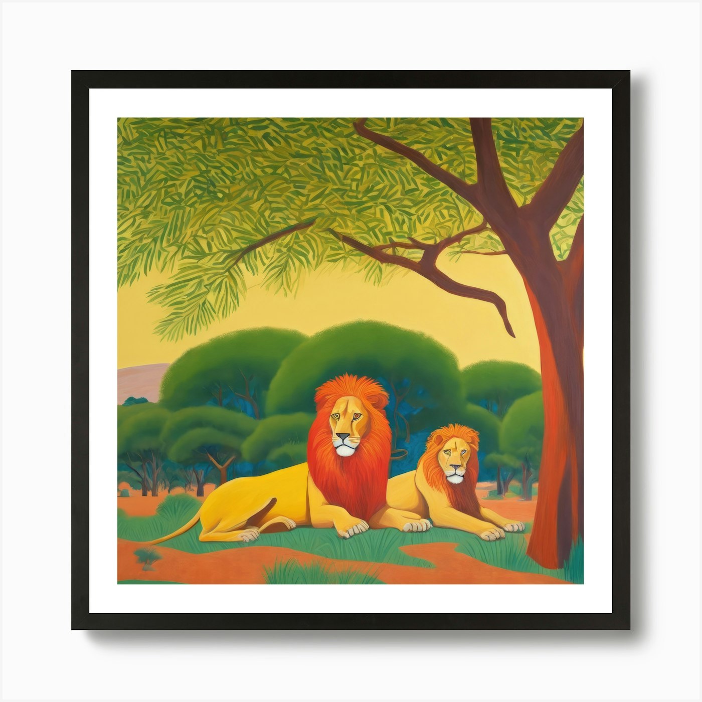 Lions Resting under Acacia Trees Se Framed Wall Art Poster Canvas Print Picture