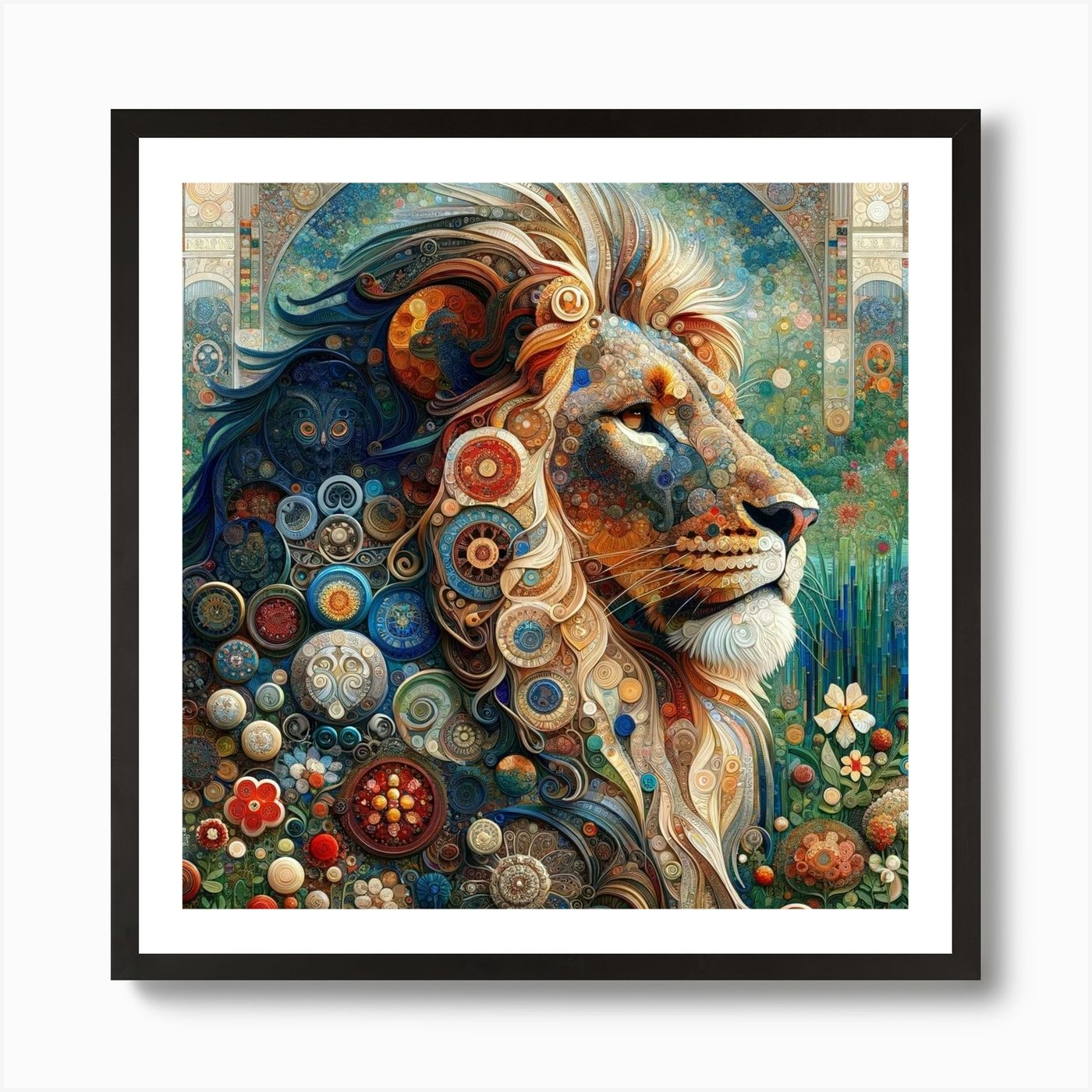 Lion in the Style of Collage-inspir Framed Wall Art Poster Canvas Print Picture