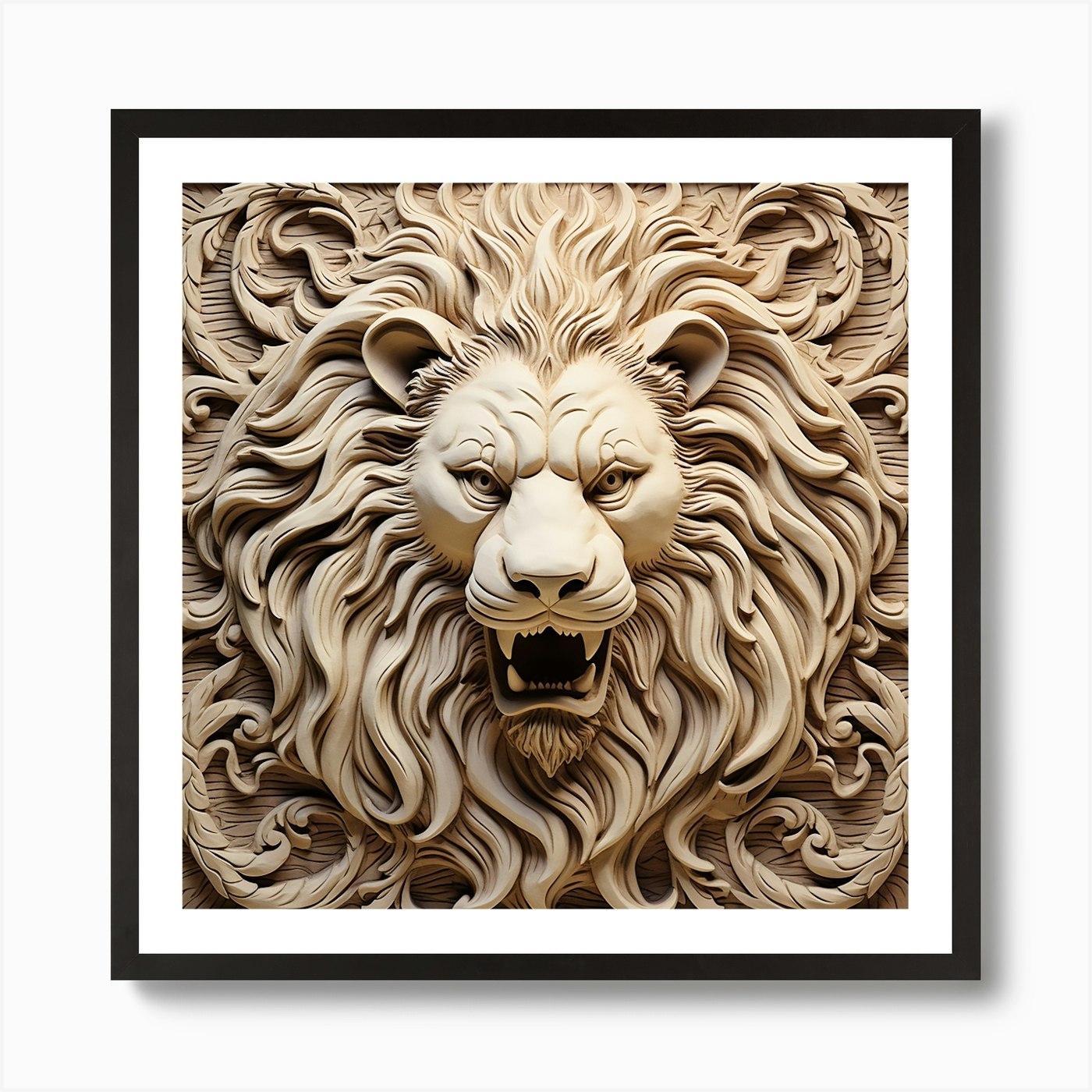 Lion Head Carving Art Print Framed Wall Art Poster Canvas Print Picture