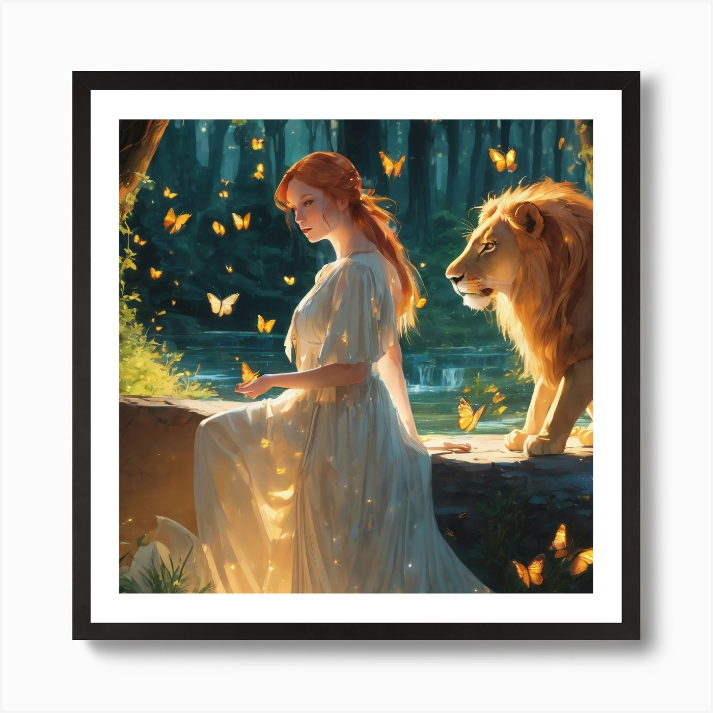 Lion And A Woman Art Print Framed Wall Art Poster Canvas Print Picture