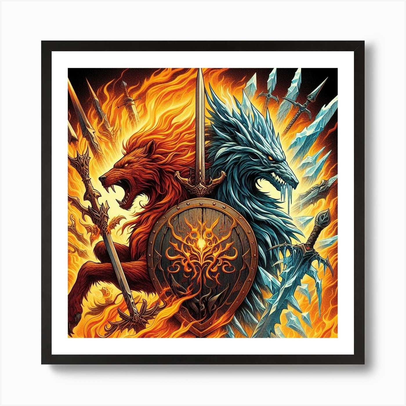 Dragon And Lion Art Print Framed Wall Art Poster Canvas Print Picture