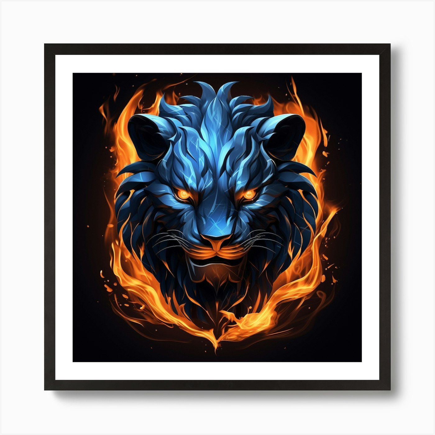 Lion In Fire Art Print Framed Wall Art Poster Canvas Print Picture