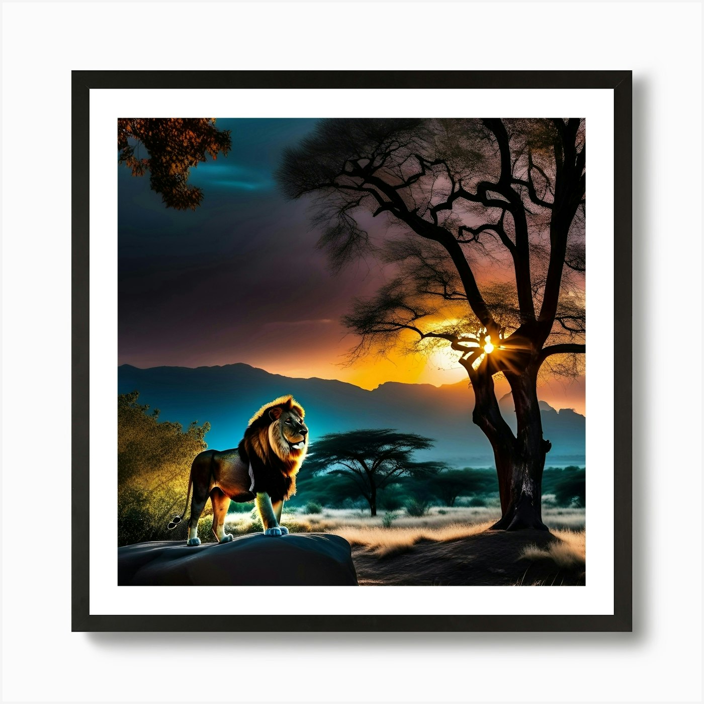 Lion In The Savannah 2 Art Print Framed Wall Art Poster Canvas Print Picture