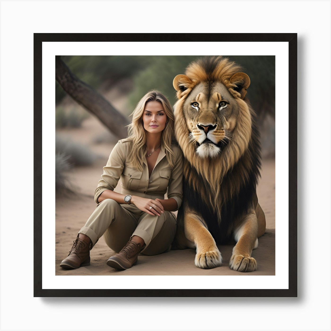 Lion And Woman Art Print Framed Wall Art Poster Canvas Print Picture