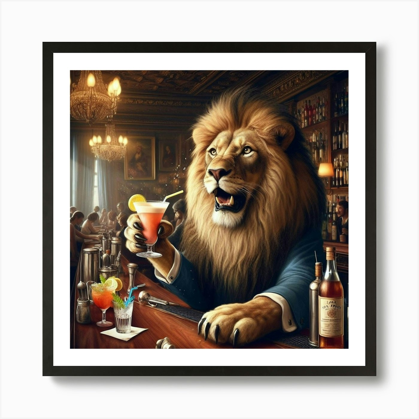 Lion At The Cocktail Bar 1 Art Prin Framed Wall Art Poster Canvas Print Picture