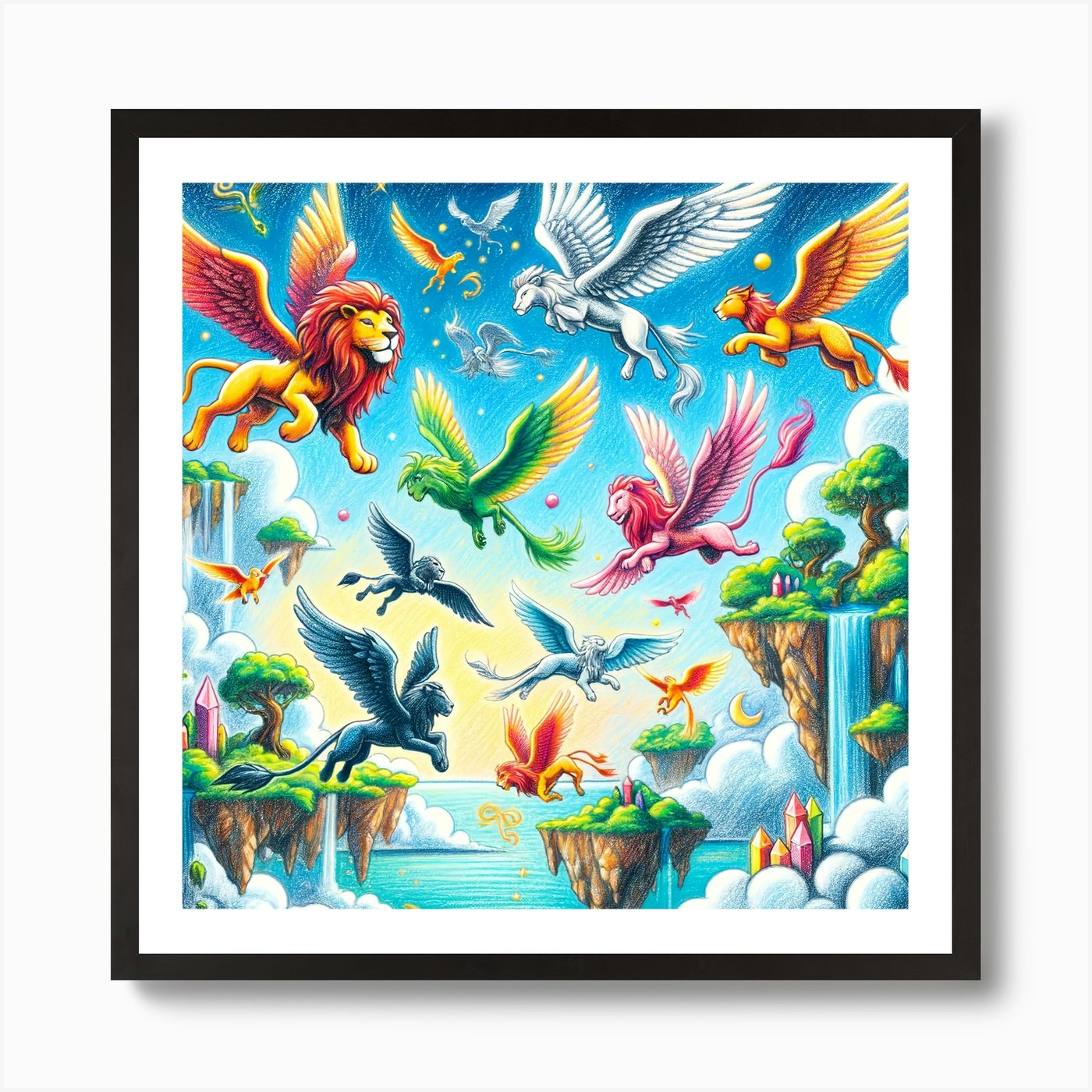 Super Kids Creativity: Winged lions Framed Wall Art Poster Canvas Print Picture