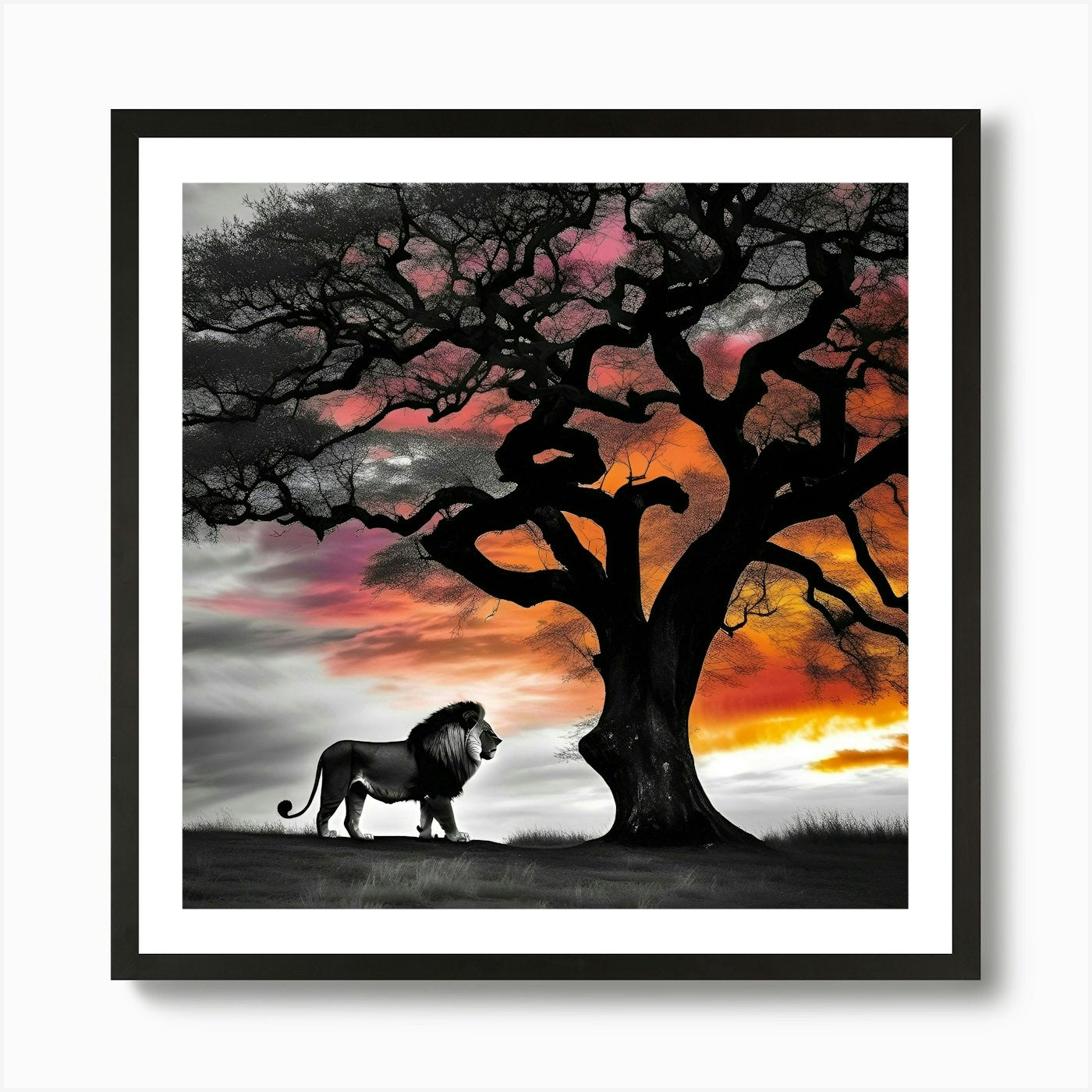 Lion Under The Tree Art Print Framed Wall Art Poster Canvas Print Picture