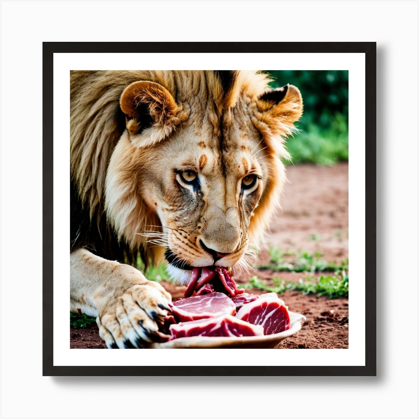 AI Lion eating flesh Art Print Framed Wall Art Poster Canvas Print Picture
