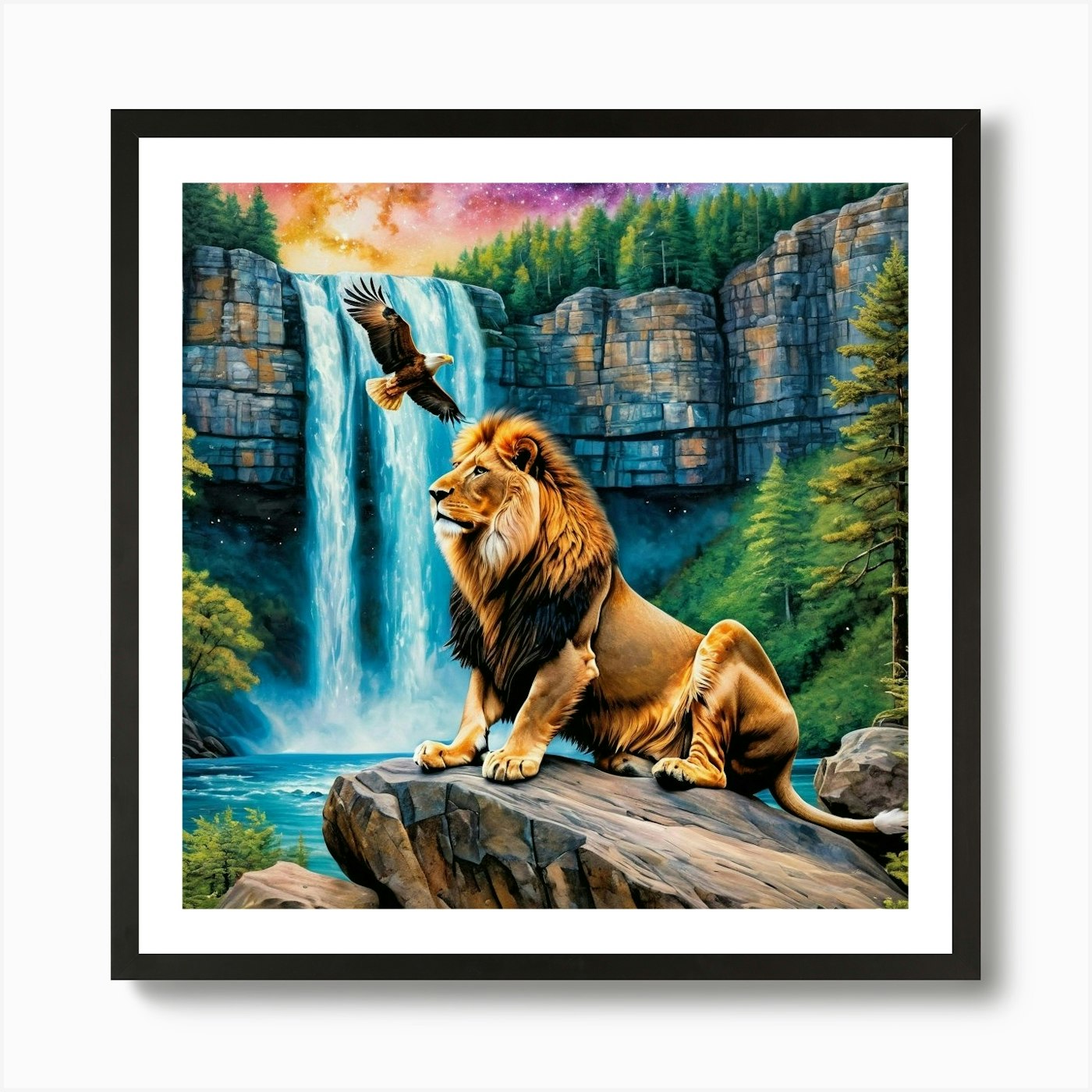 Lion And Waterfall Art Print Framed Wall Art Poster Canvas Print Picture