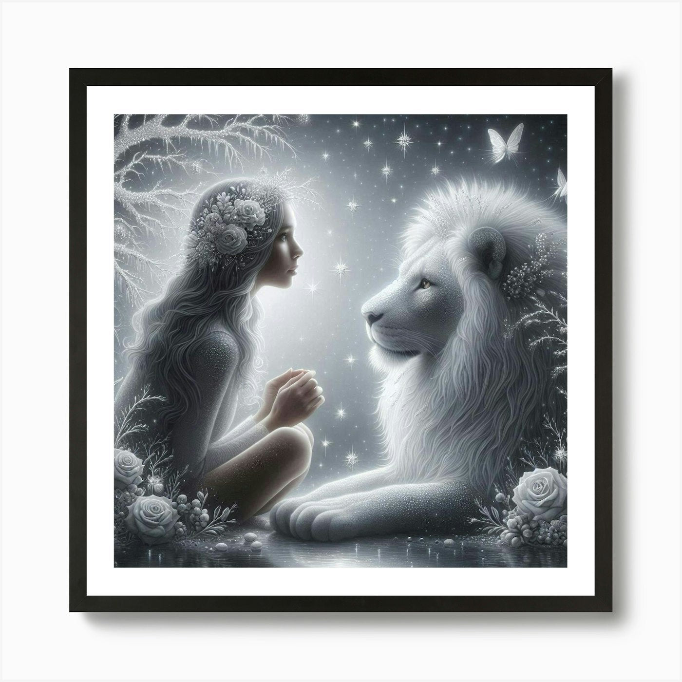 White Lion And Girl 1 Art Print Framed Wall Art Poster Canvas Print Picture