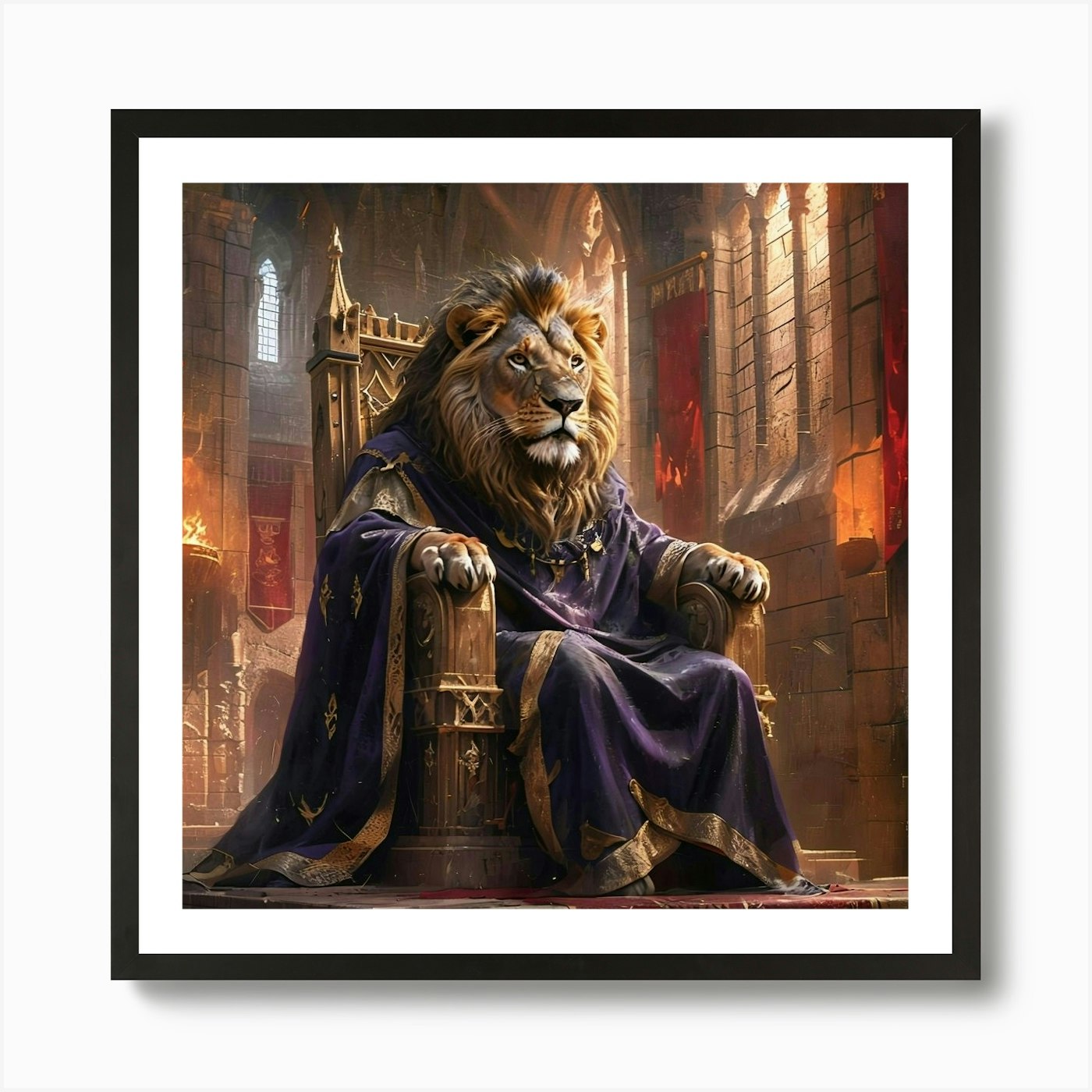 Regal Lion In Purple Cloak Seated O Framed Wall Art Poster Canvas Print Picture