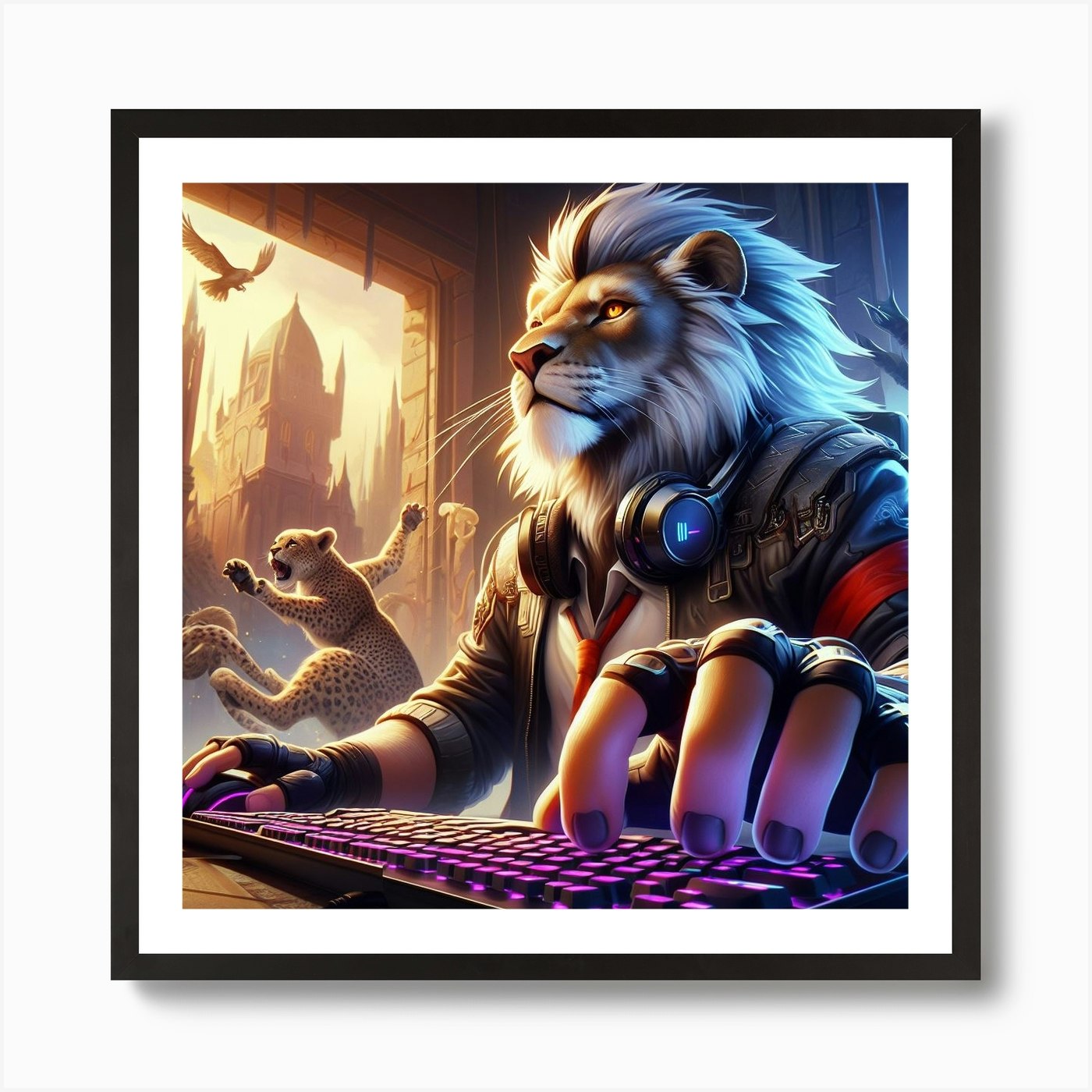 Lion Playing A Computer Art Print Framed Wall Art Poster Canvas Print Picture