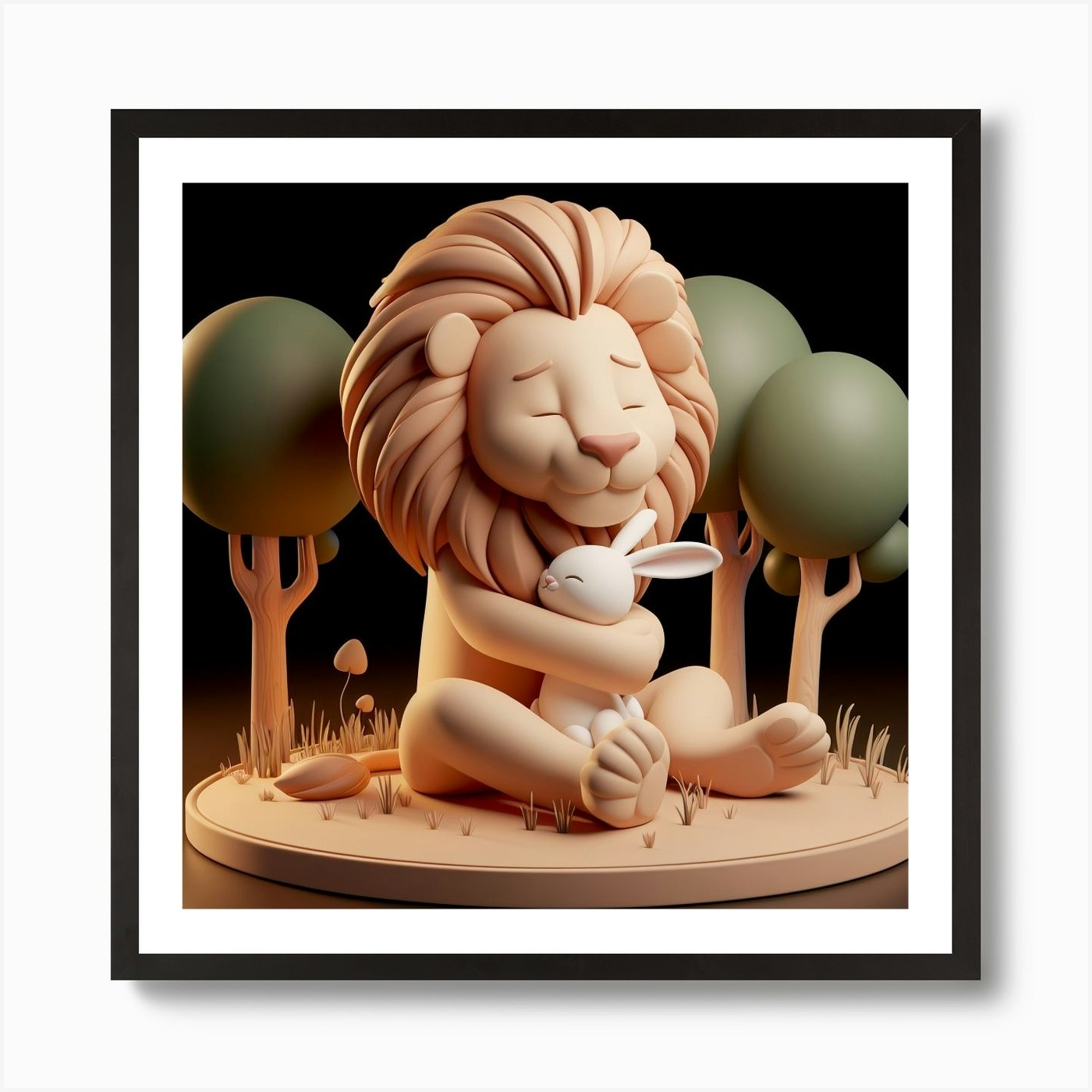 Lion And Rabbit Art Print Framed Wall Art Poster Canvas Print Picture