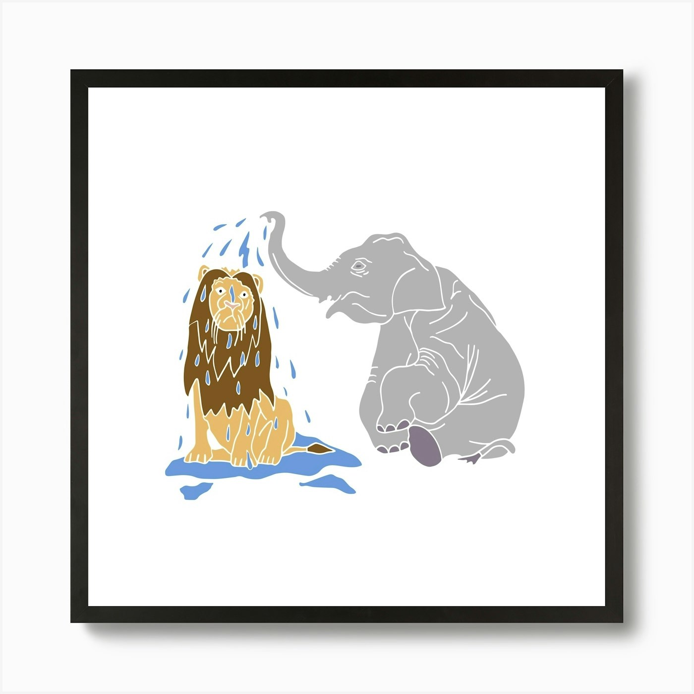 Elephant Showering A Lion With Trun Framed Wall Art Poster Canvas Print Picture
